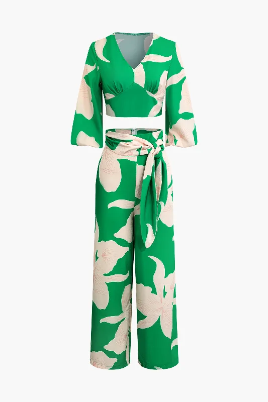 Floral Print V-neck Top And Knot Wide Leg Pants Set