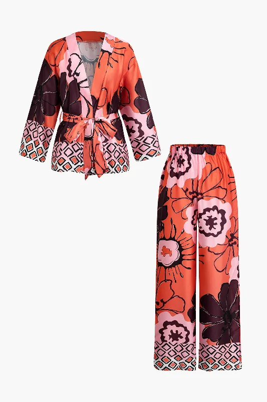 Floral Print Belt Top And Wide Leg Pants Set