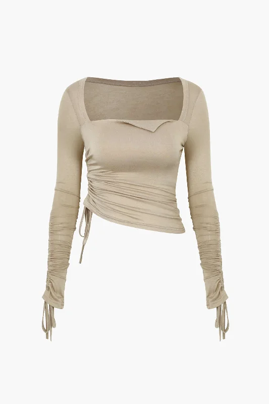 Square Neck Drawstring Ruched Long Sleeve Top