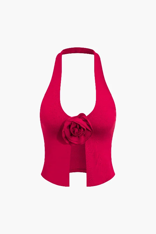 3D Flower V-neck Halter Top