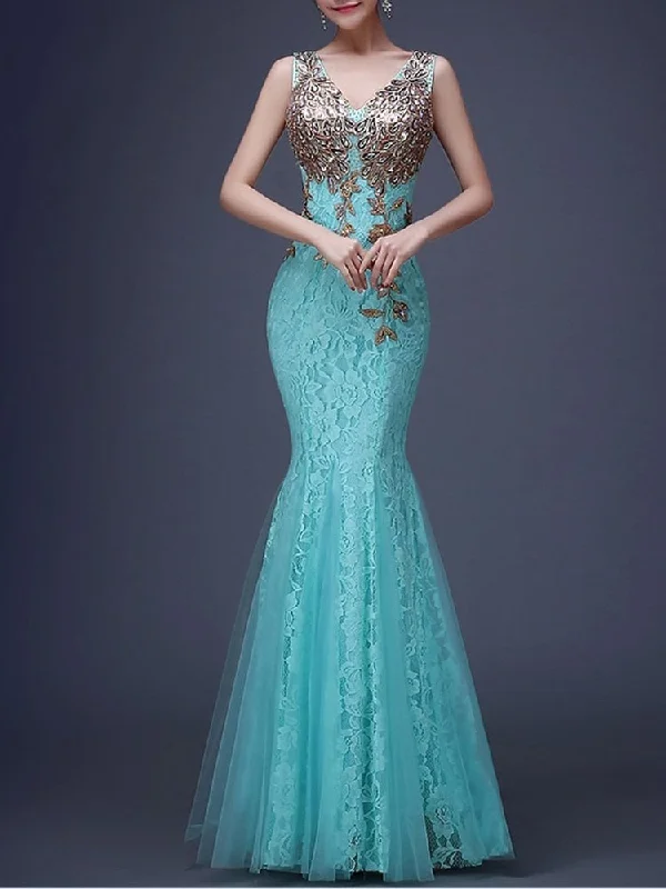 BerriesJam - Mermaid Sleeveless Tulle Formal Lace Evening Dress