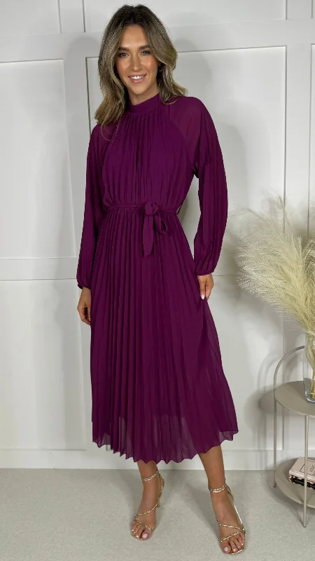 Minnie Purple High Neck Pleated Midi Dress