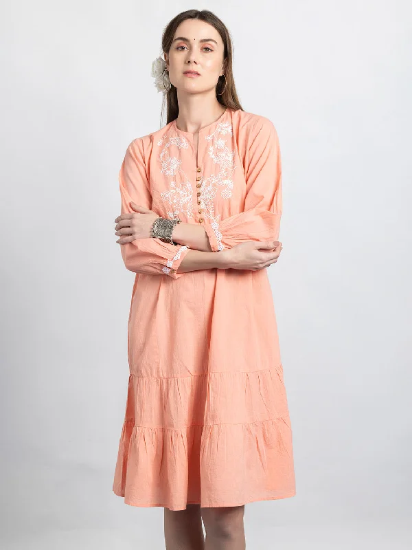 Peach Embroidered Cotton Ethnic Dress