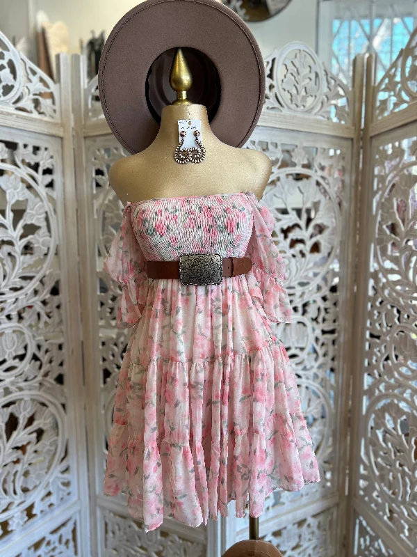 Pink Off Shoulder Floral Smocked Dress- Stretchy