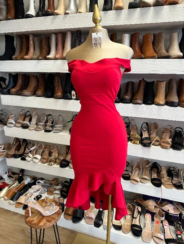 Red Off Shoulder Midi Dress