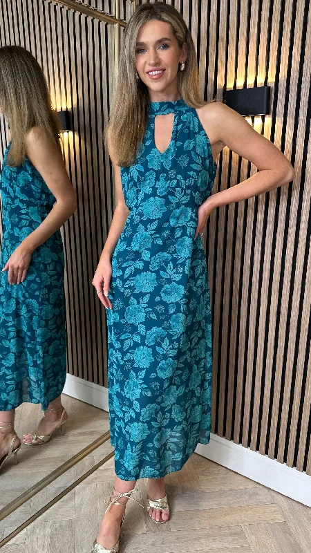 Rosalie Teal Printed Halterneck Tie Detail Midi Dress