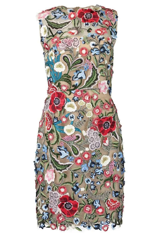 Sleeveless Floral Threadwork Cocktail Dress