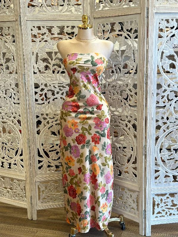 Strapless Satin Floral Multi Color Dress- Not Stretchy,No Estira