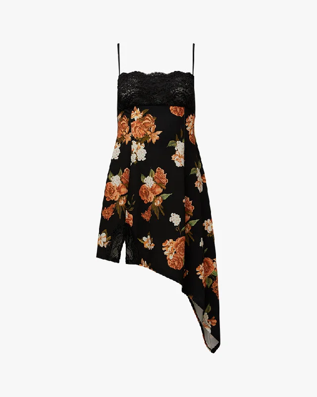 Lace Asymmetrical Neutral Floral Slip Dress | Black