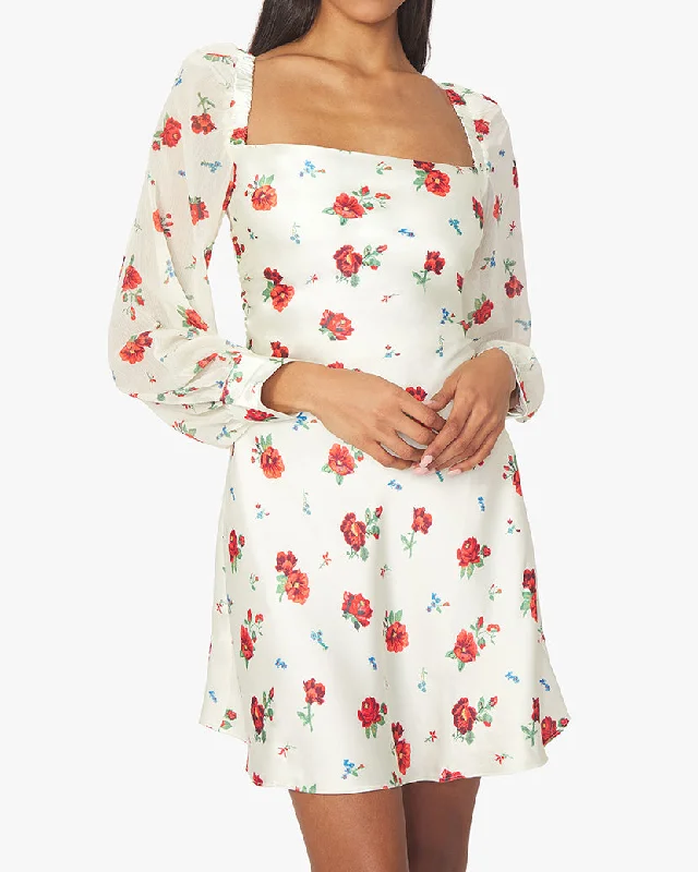 Puff Sleeve Cross Stitch Floral Cowl Dress | Optic White