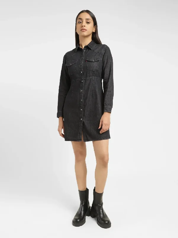 Women's Solid Black Spread Collar Dress