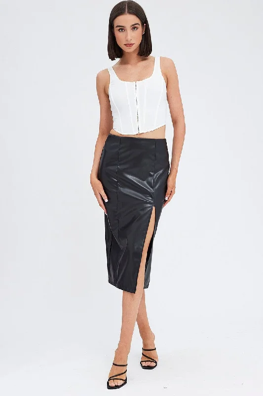 Black Midi Skirt Front Split Faux Leather