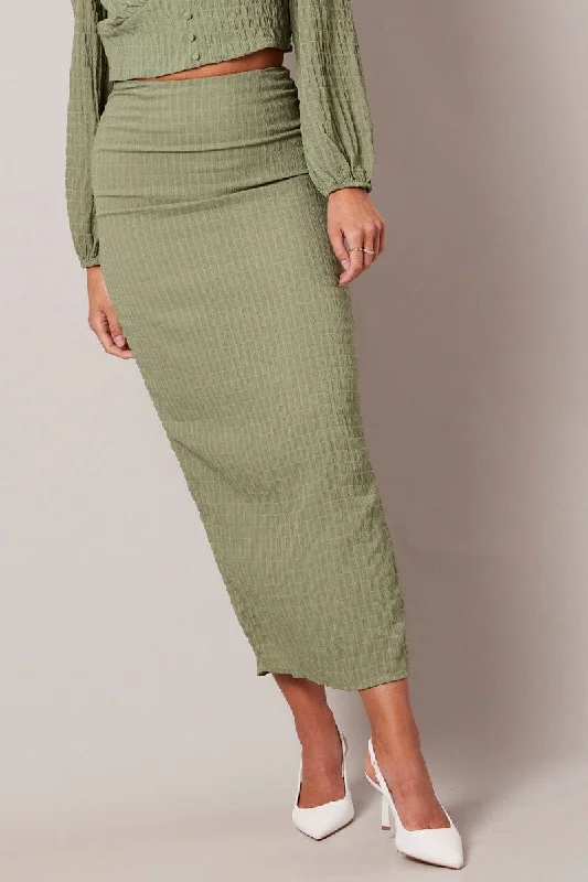 Green Midi Skirt High Rise Textured Fabric