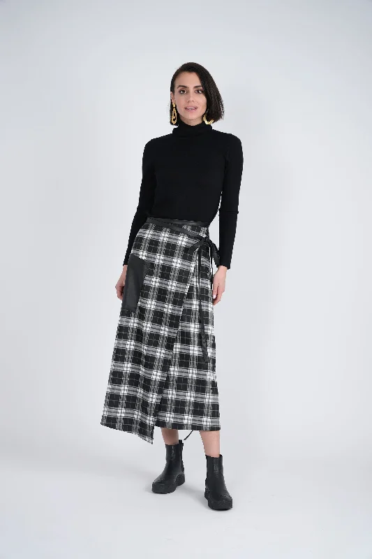 Midi Black/Grey Plaid Wrap Midi Skirt WB3CM8632SM