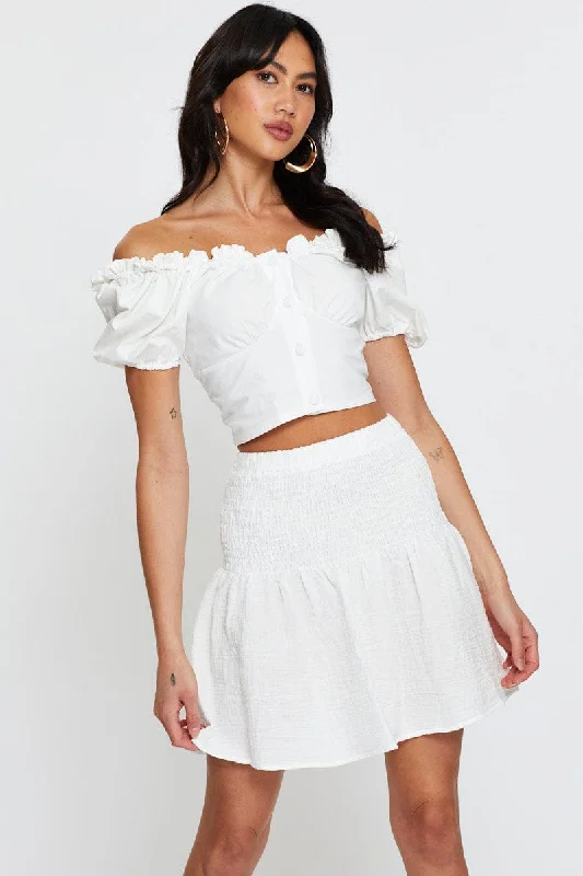 White Linen Blend Shirred Waist Skater Skirt